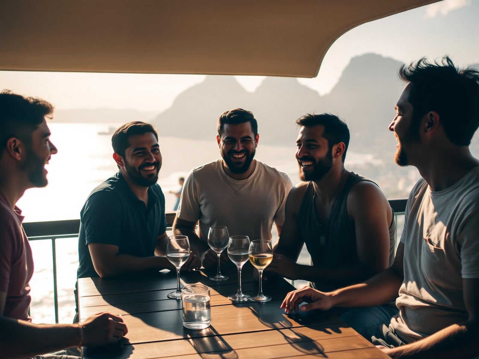 Travelers sharing a meal overlooking Rio